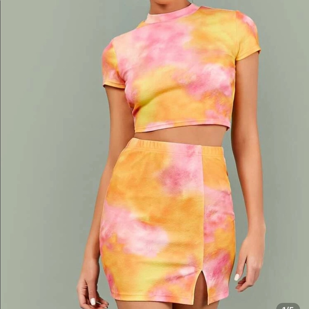 Pink and yellow tie dye 2 piece set SHEIN